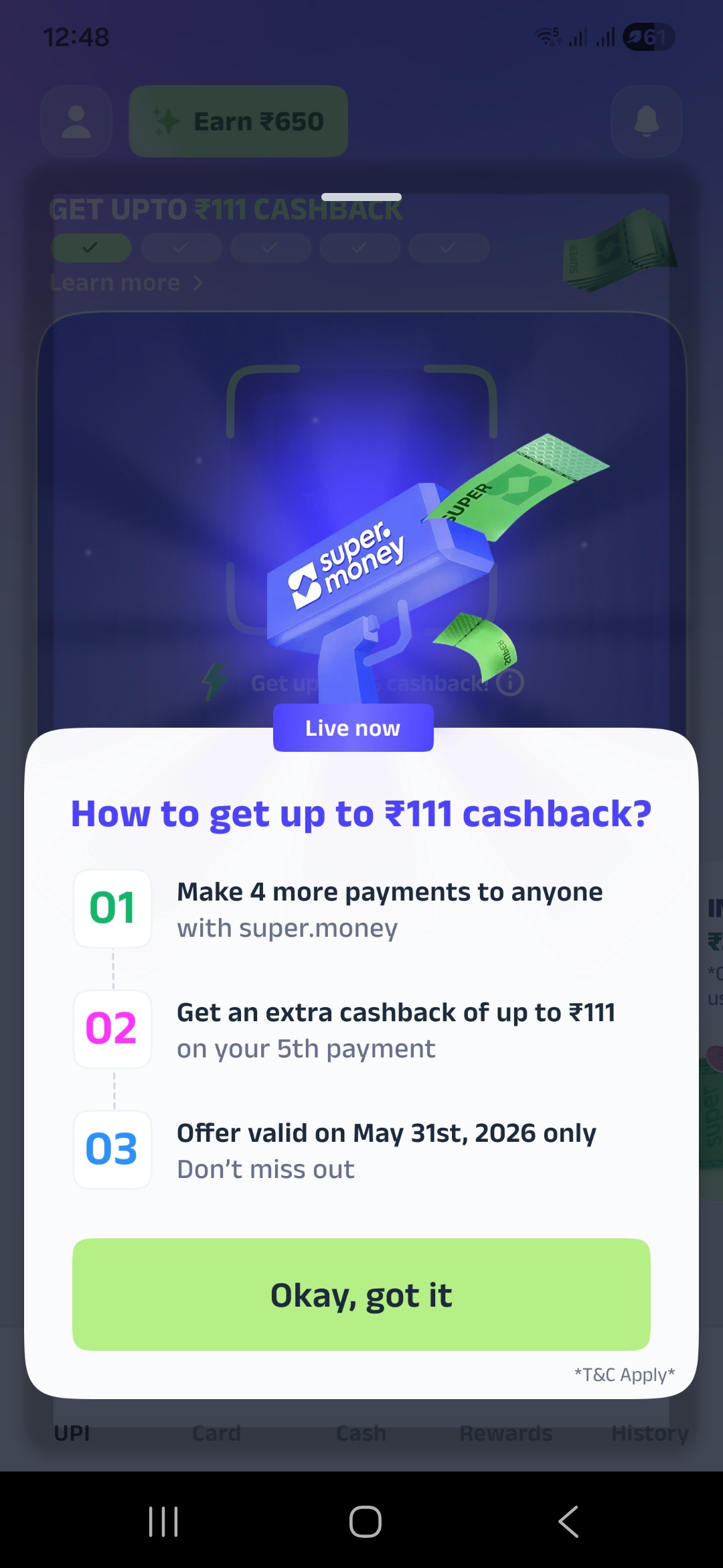 SuperMoney Upi Offer - How to get up to ₹111 cashback?