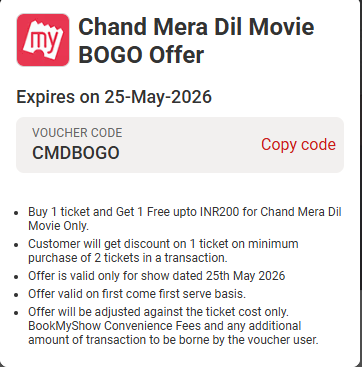Chand Mera Dil Movie Bogo Offer - Buy 1 Ticket And Get 1 Free 4 Chand Mera Dil Movie Bogo Offer - Buy 1 Ticket And Get 1 Free 3