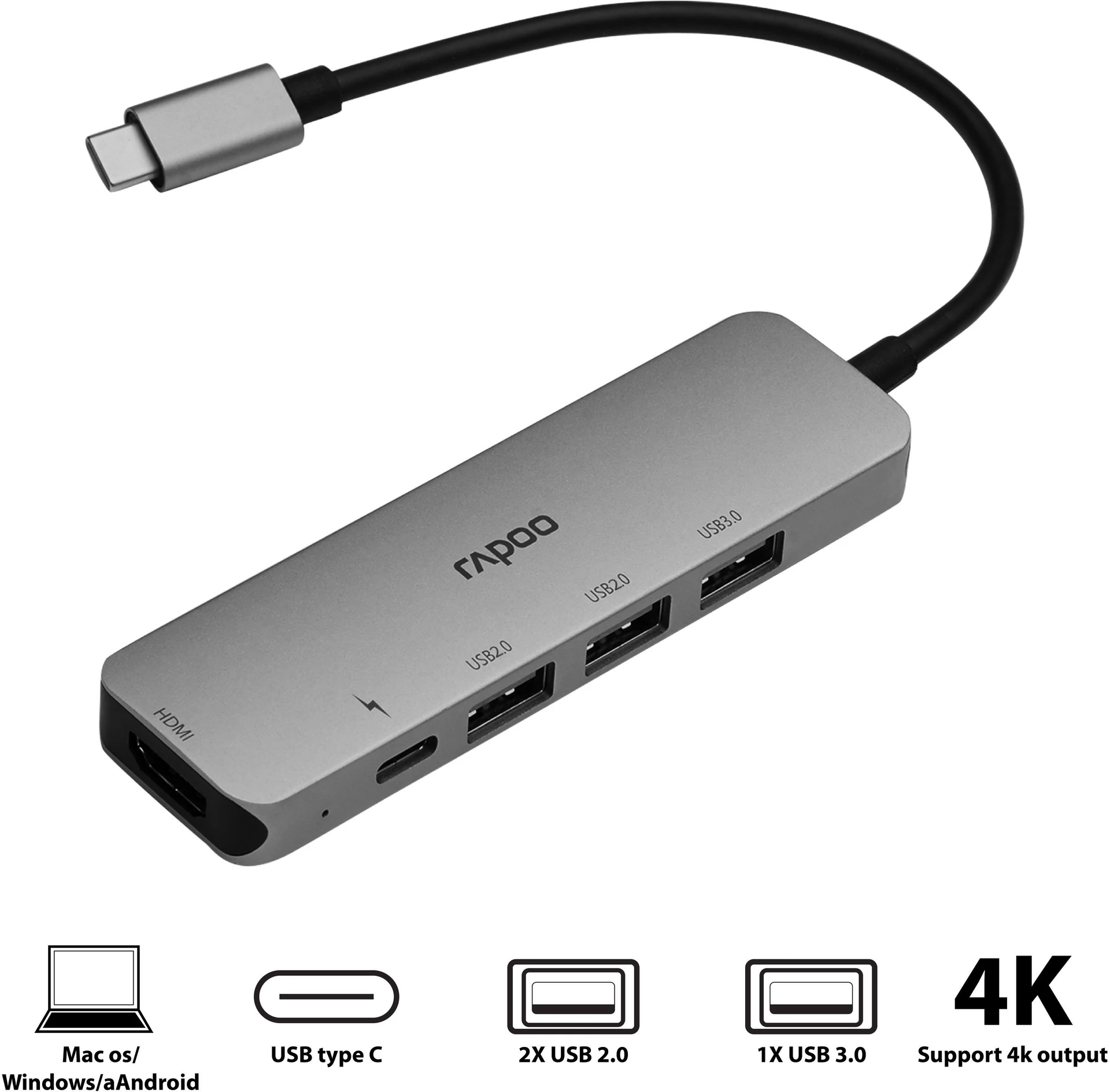 Rapoo Xd100C-Pd Charging 3Usb A Port- 5 In 1- C Type Usb Hub 1