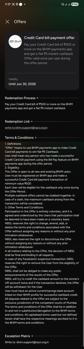 BHIM credit card bill payment offer - Get flat Rs5 cashback on credit card bill payment of min Rs500 BHIM credit card bill payment offer - Get flat Rs5 cashback on credit card bill payment of min Rs500