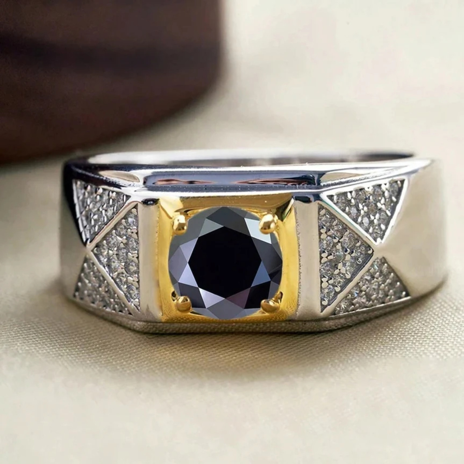Zarkan Hallmarked 925 Two-Tone Silver Ring with Black Diamond Sterling Silver Zircon Rhodium Plated Ring