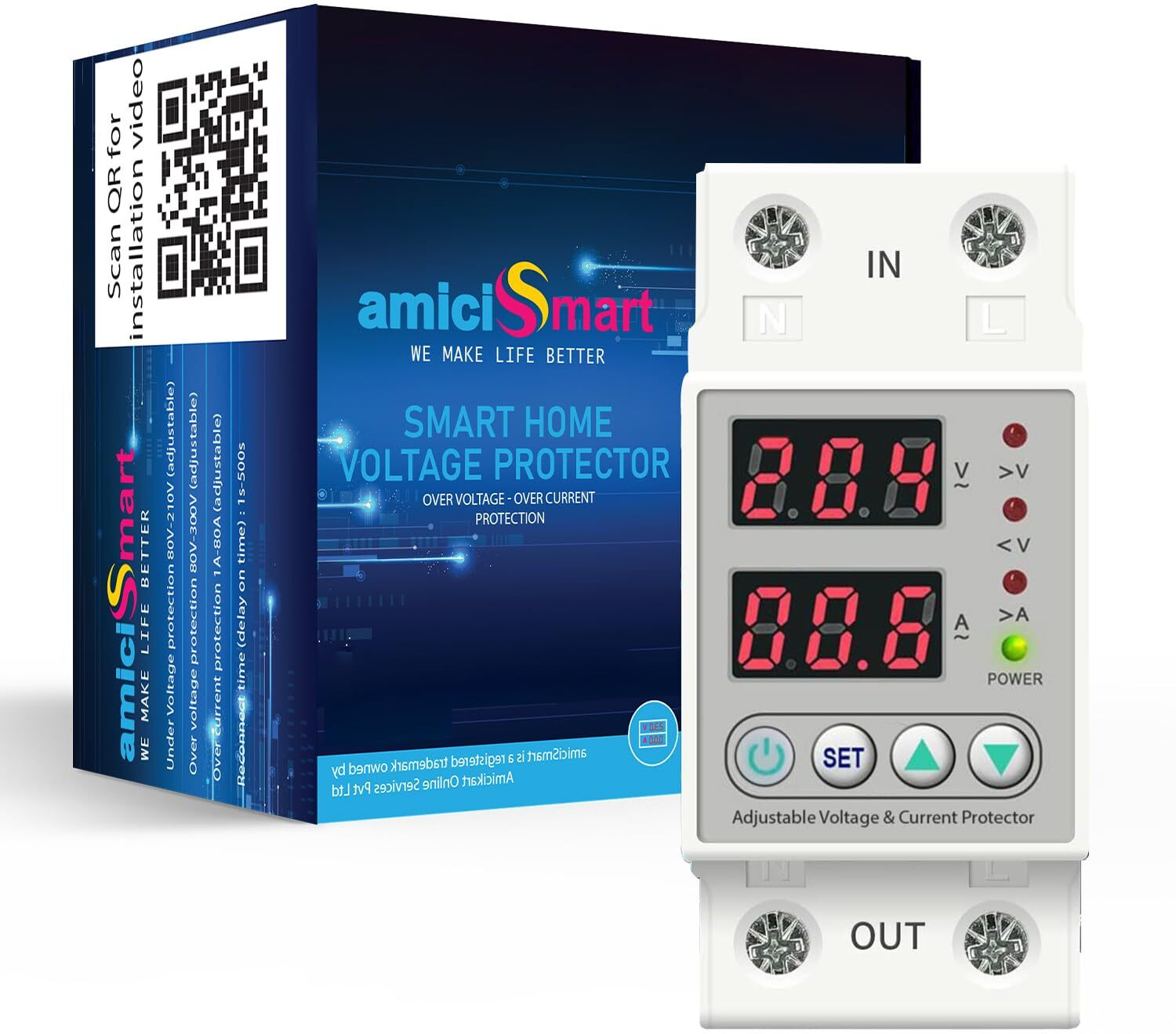Amicismart Automatic Over/Under Voltage (Adjustable Setting) Protection With Auto Re-Connect Led Display Standard Din-Rail Mounted Single Phase 220V, 63A Voltage Protection 1