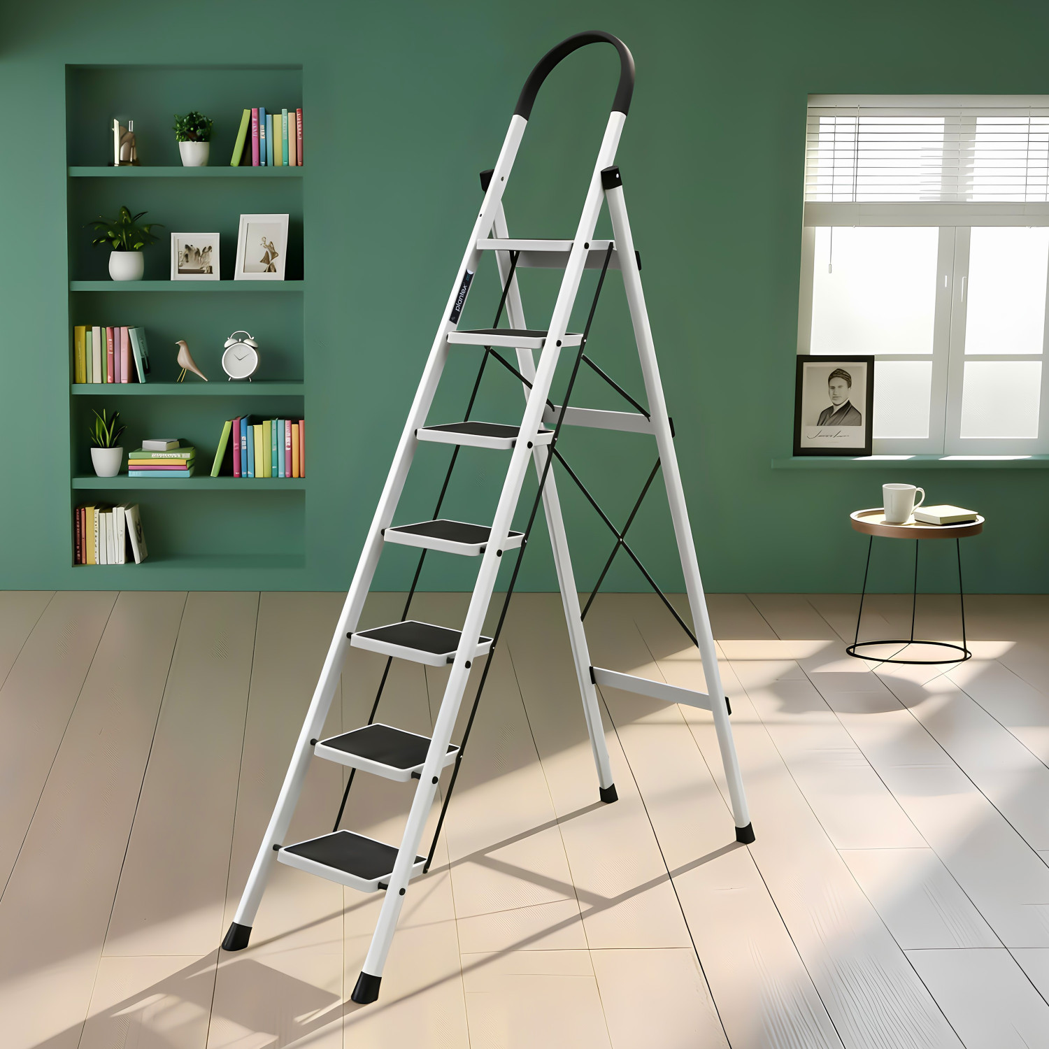 Plantex Anti-Skid Strong Foldable Wide 7 Step Ladder/Ladder for Home-(White-Apex) Steel Ladder