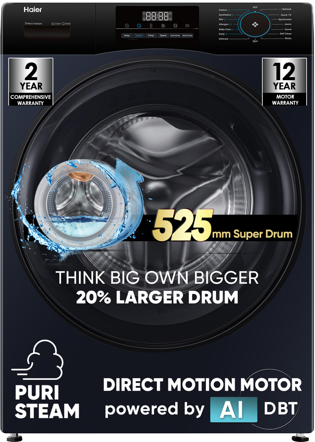 Haier 9 kg AI Smart Wash (AI-DBT) , PuriSteam , 525mm Super Drum Fully Automatic Front Load Washing Machine Black, Blue