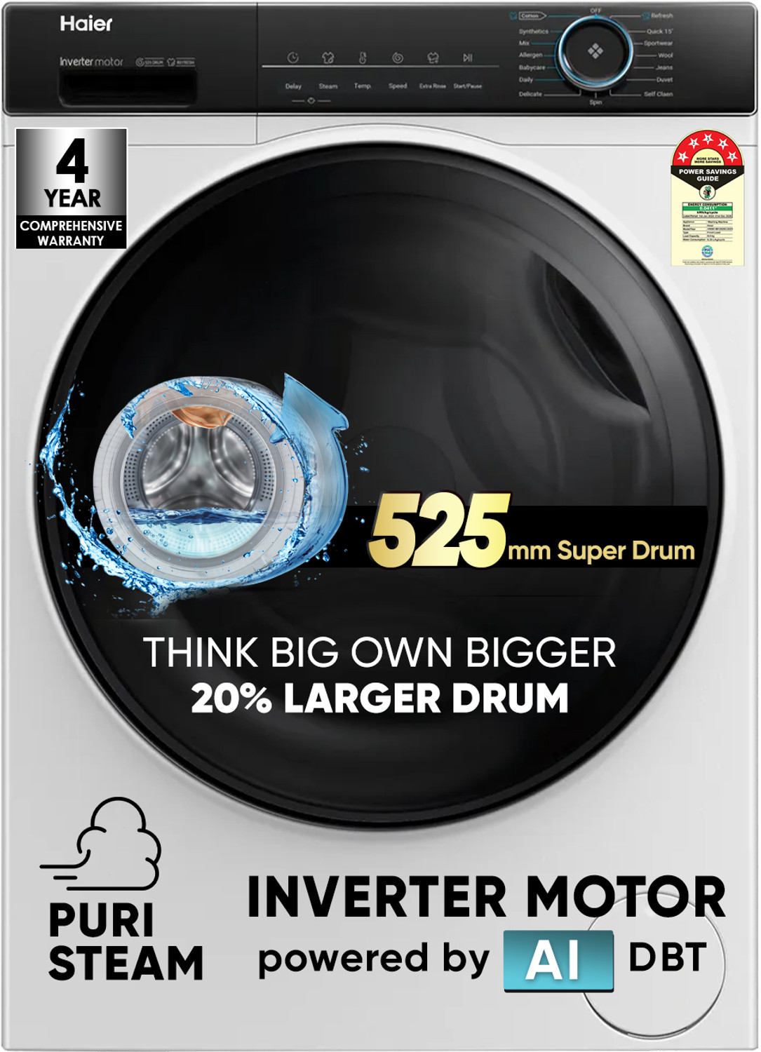 Haier 8 Kg 聽5 Star With Powered By Ai-Dbt, Puristeam, 525 Mm Super Drum, Inverter Motor, Inbuilt Heater, Washer Fully Automatic Front Load Washing Machine Black, White 1