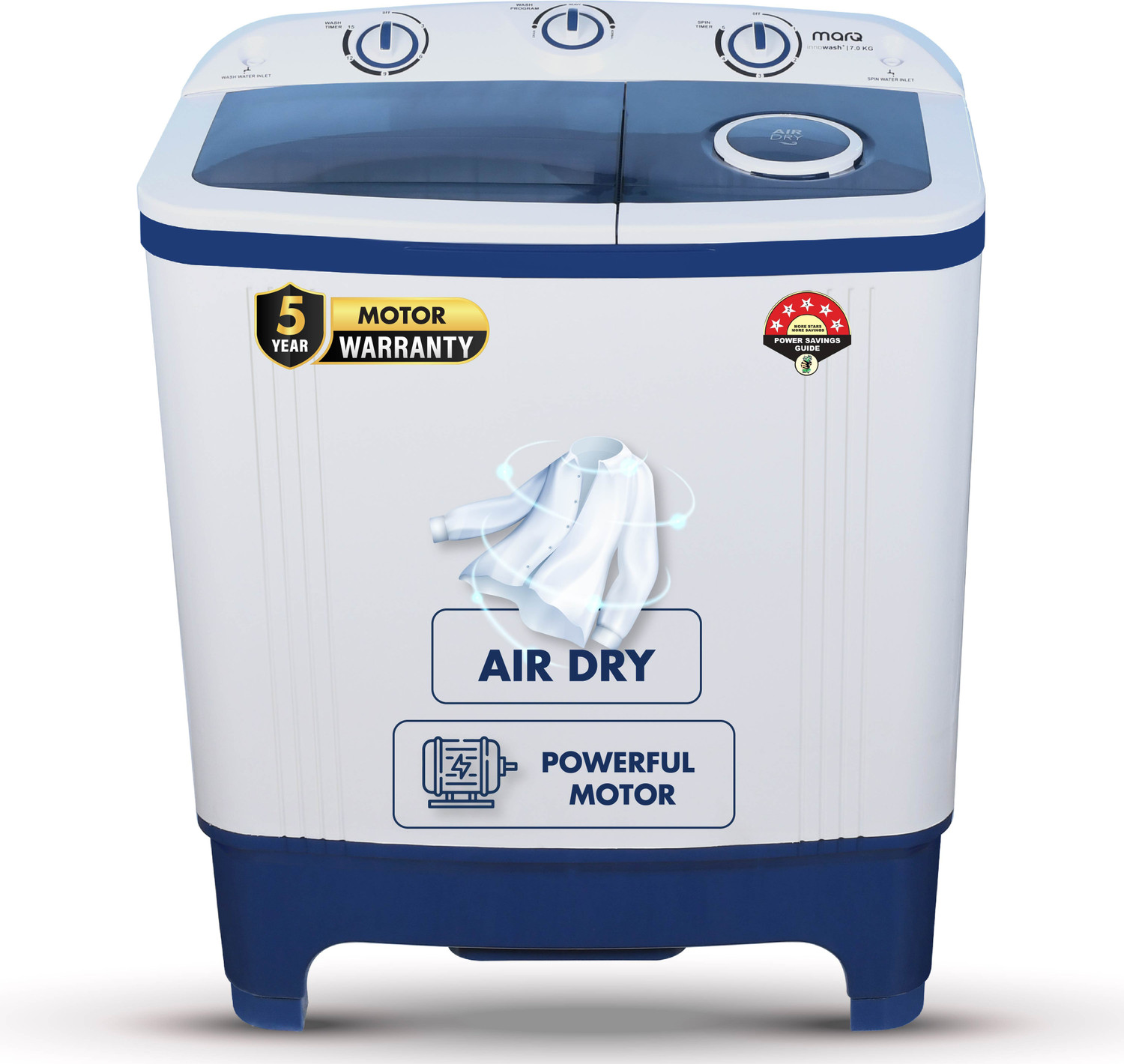 Marq By Flipkart 7 Kg 5 Star Rating Innowash Range Semi Automatic Top Load Washing Machine Blue, White 1