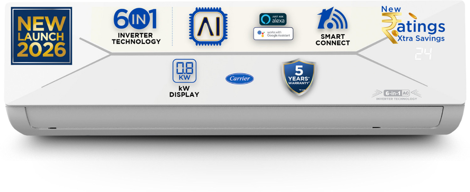 Carrier 2026 Model 1.5 Ton 3 Star Split Ai Inverter With Wi-Fi Convertible 6-In-1 With Geo-Fencing &Amp; Voice Control,Smart Energy Display, Insta Cool, Auto Defrost Clean Ac 1