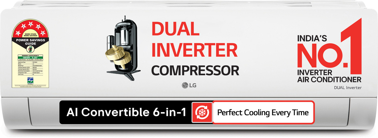 Lg 2025 Model 1.5 Ton 5 Star Split Ai Dual Inverter Ai Convertible 6-In-1 Split With Faster Cooling And Energy Saving, 4 Way Air Swing, Viraat Mode And Diet Mode Plus Ac Ac 3