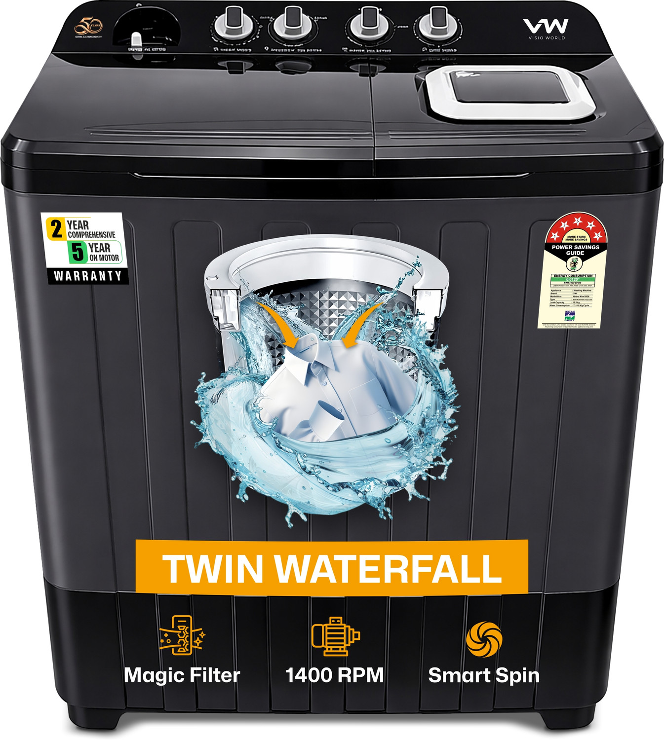 Vw 10.5 Kg Semi Automatic Top Load Washing Machine Black 1
