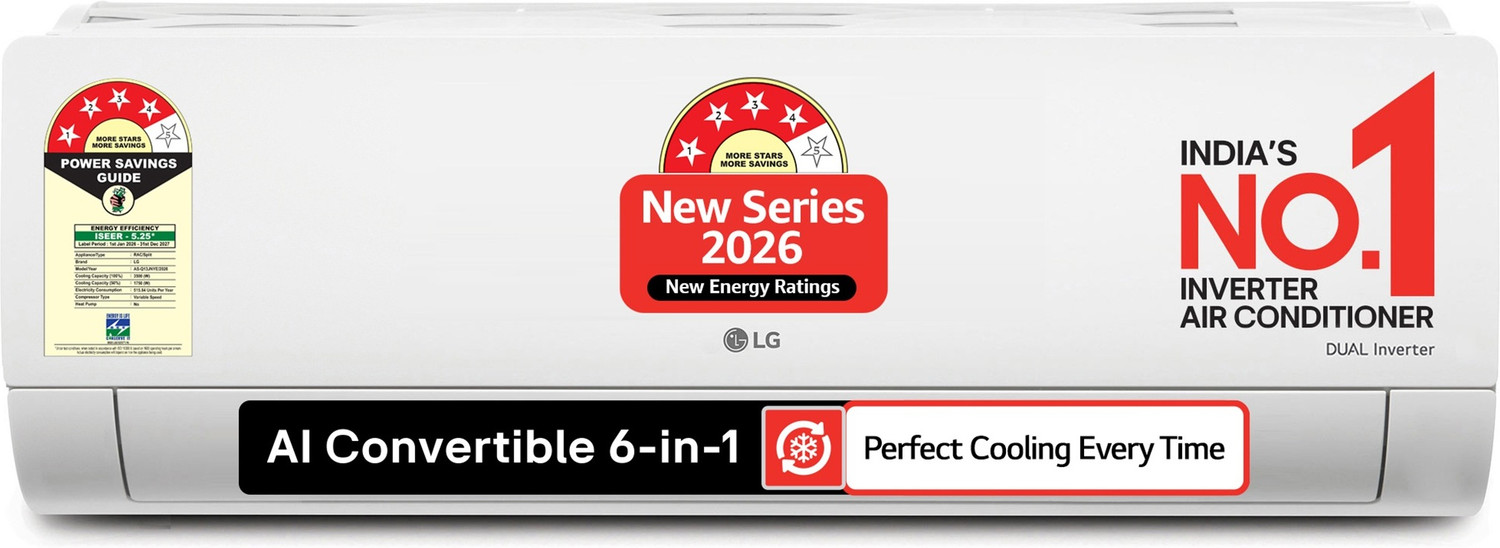 Lg 2026 Model 1 Tons 4 Star Split Dual Inverter Faster Cooling And Energy Saving, Ai Convertible 6-In-1 Cooling, 4 Way Air Swing, Hd Filter With Anti Virus Protection, Cools At 55 Degree Celsius, Him Clean, Viraat Mode And Diet Mode Plus Ac 1