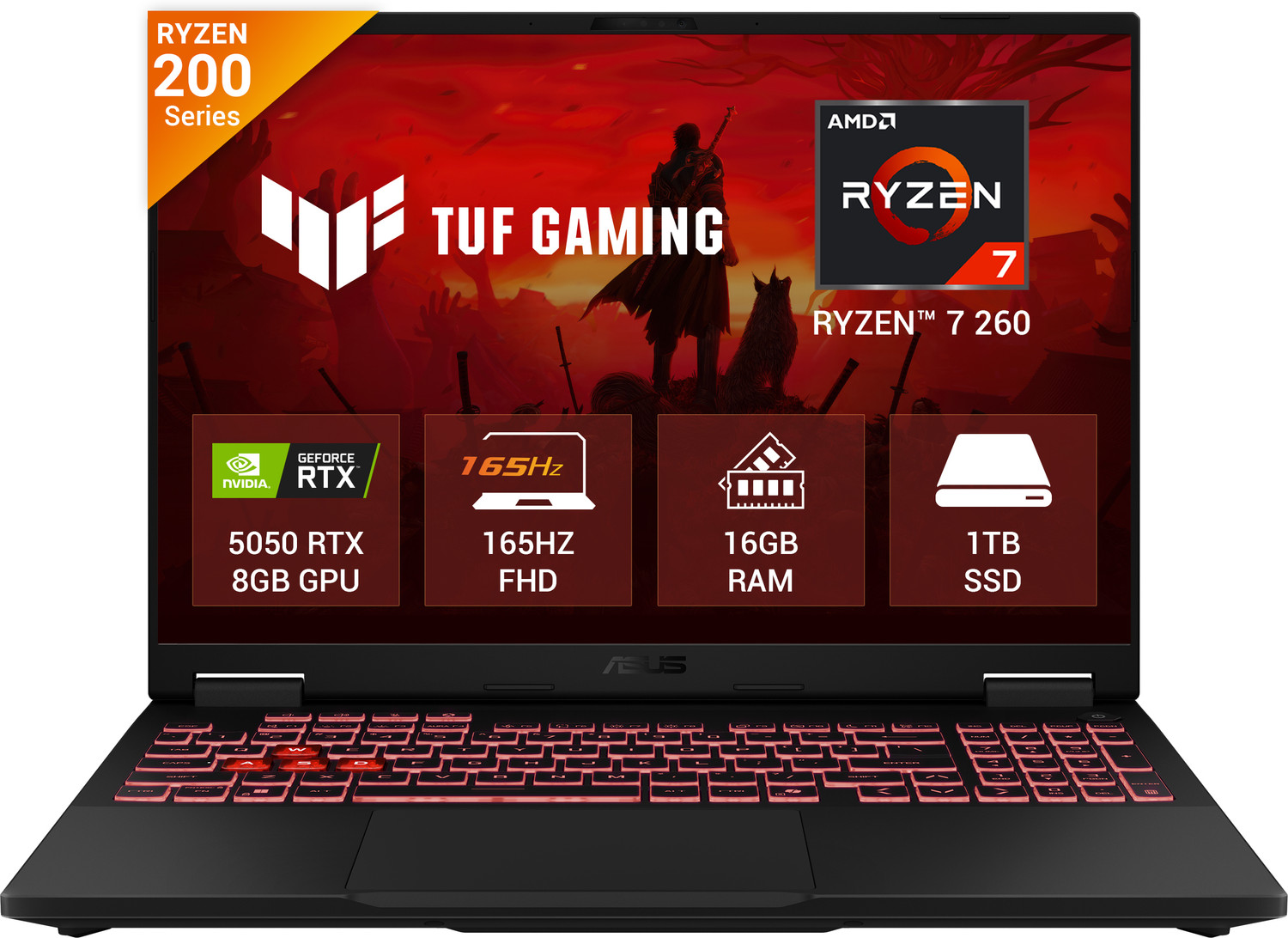 ASUS TUF Gaming A16 (2026) with Office 2024 + M365 Basic AMD Ryzen 7 260 - (16 GB/1 TB SSD/Windows 11 Home/8 GB Graphics/NVIDIA GeForce RTX 5050/165 Hz) FA608UH-RV112WS Gaming Laptop