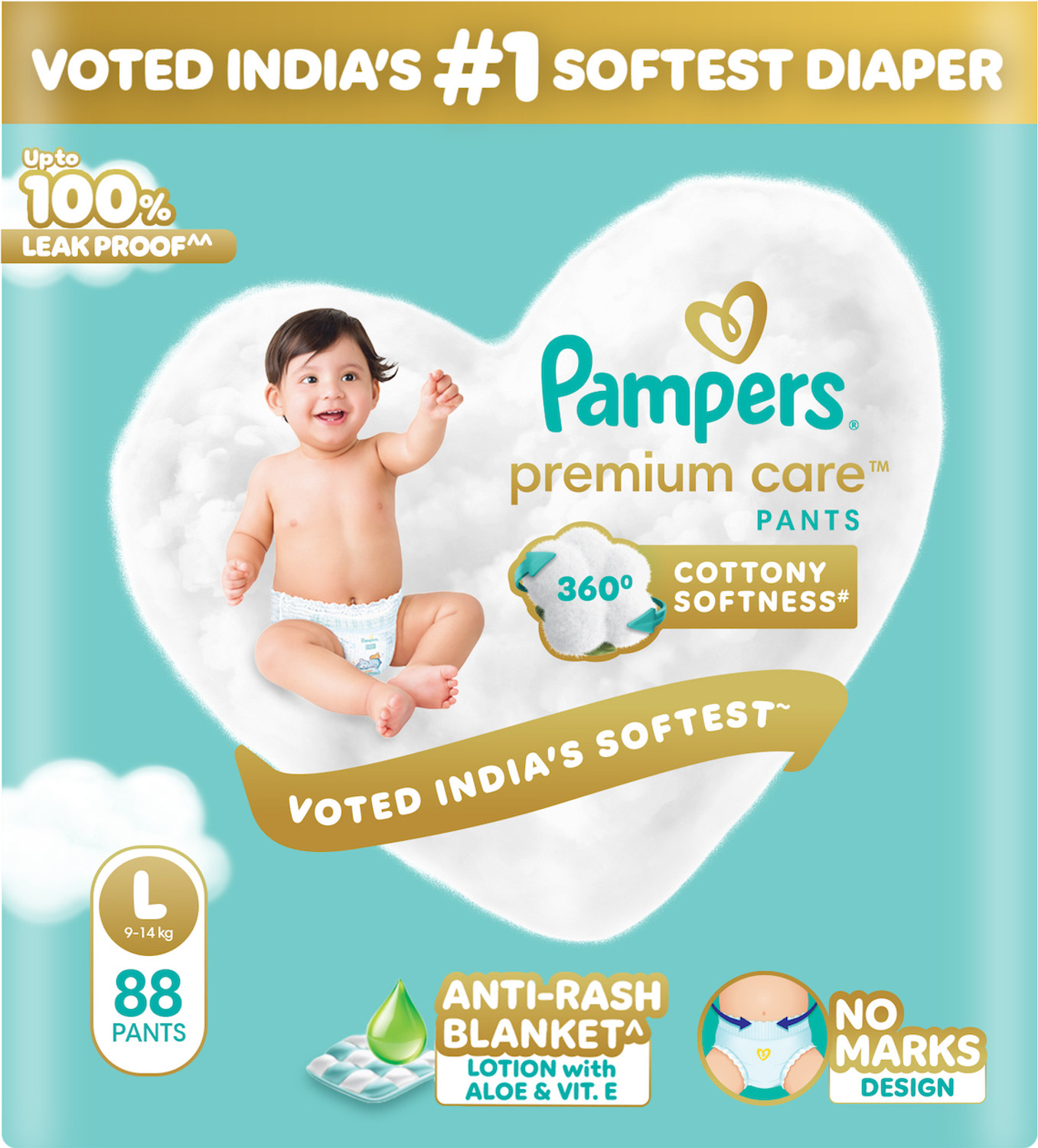 Pampers Premium Care Pants L 88 | No Marks | Indias Softest Diaper - L 45