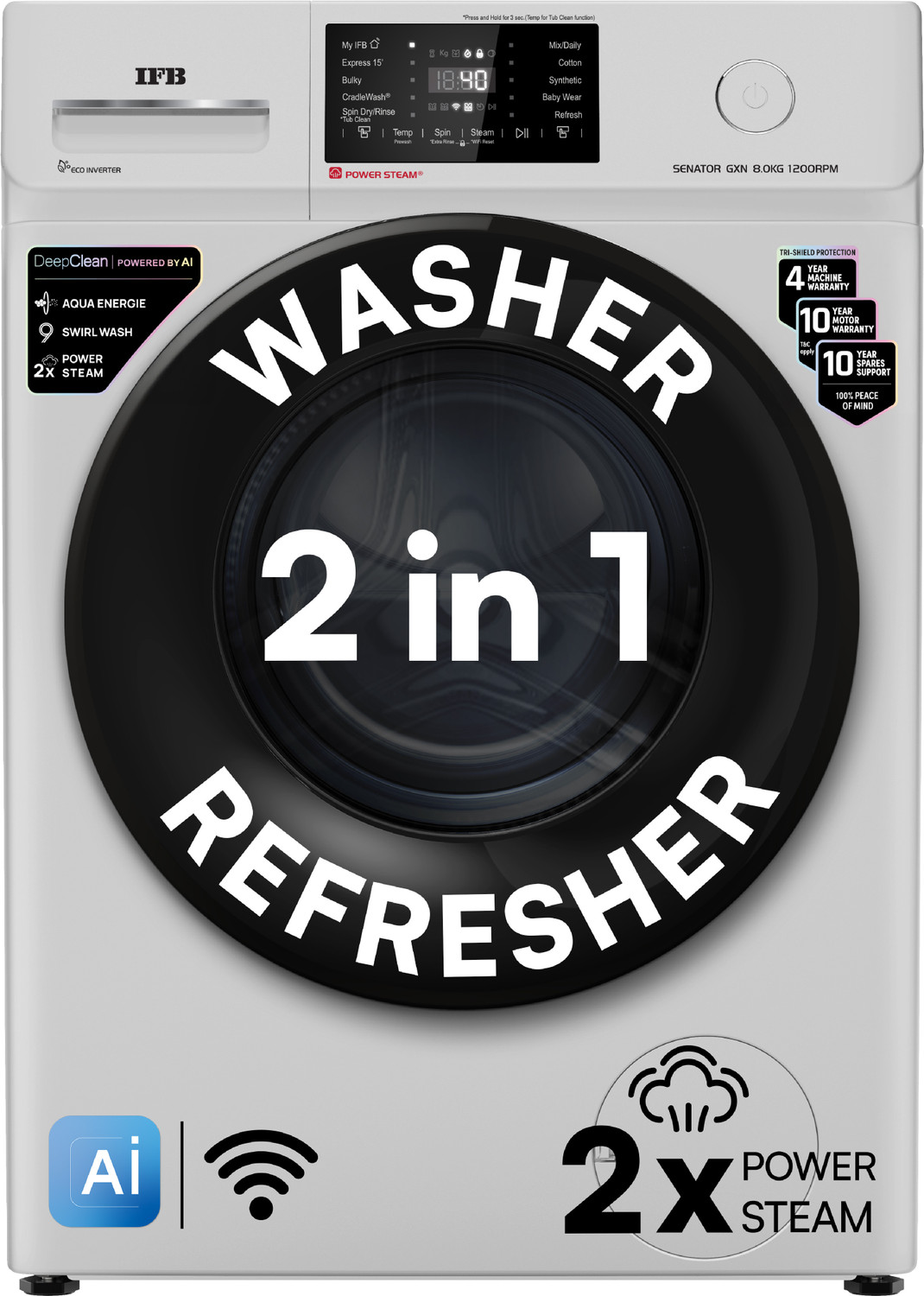 Ifb 8 Kg 5 Star With Steam Refresh Program, 9 Swirl Wash, Eco Inverter, Touch Panel With Ai Fully Automatic Front Load Washing Machine With In-Built Heater White 1