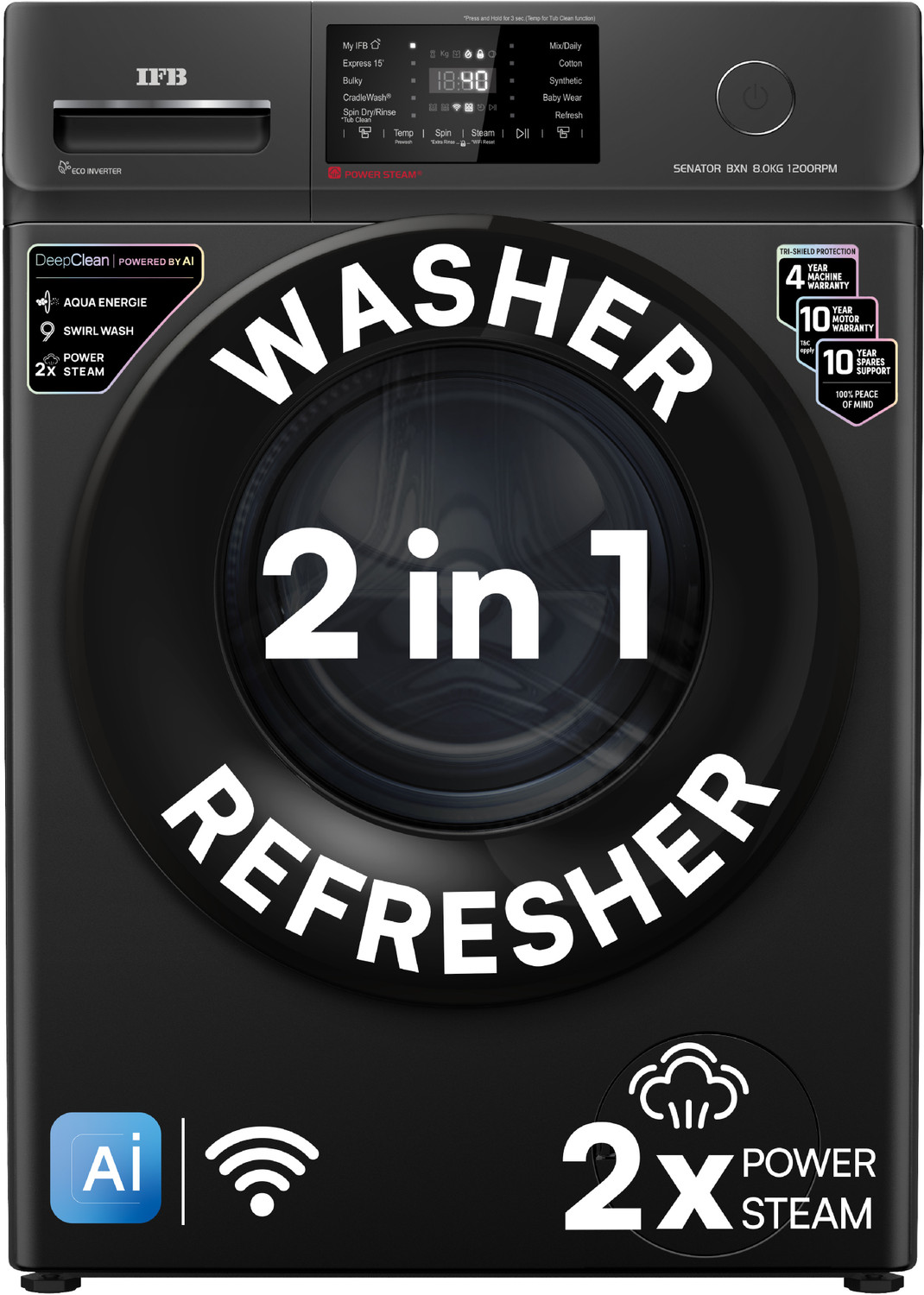 Ifb 8 Kg 5 Star With Steam Refresh Program, 9 Swirl Wash, Eco Inverter, Touch Panel With Ai Fully Automatic Front Load Washing Machine With In-Built Heater Black 1