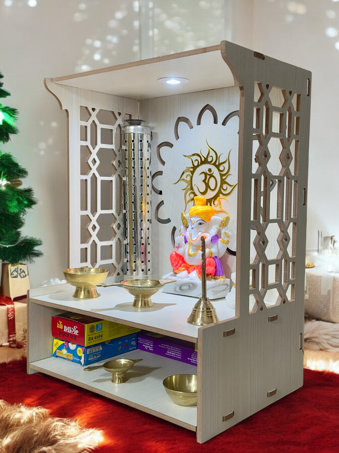 HOODWIN Pooja Mandir Home Office with LED Light H- 18 L- 16 W -8.75 In Home Temple Engineered Wood Home Temple
