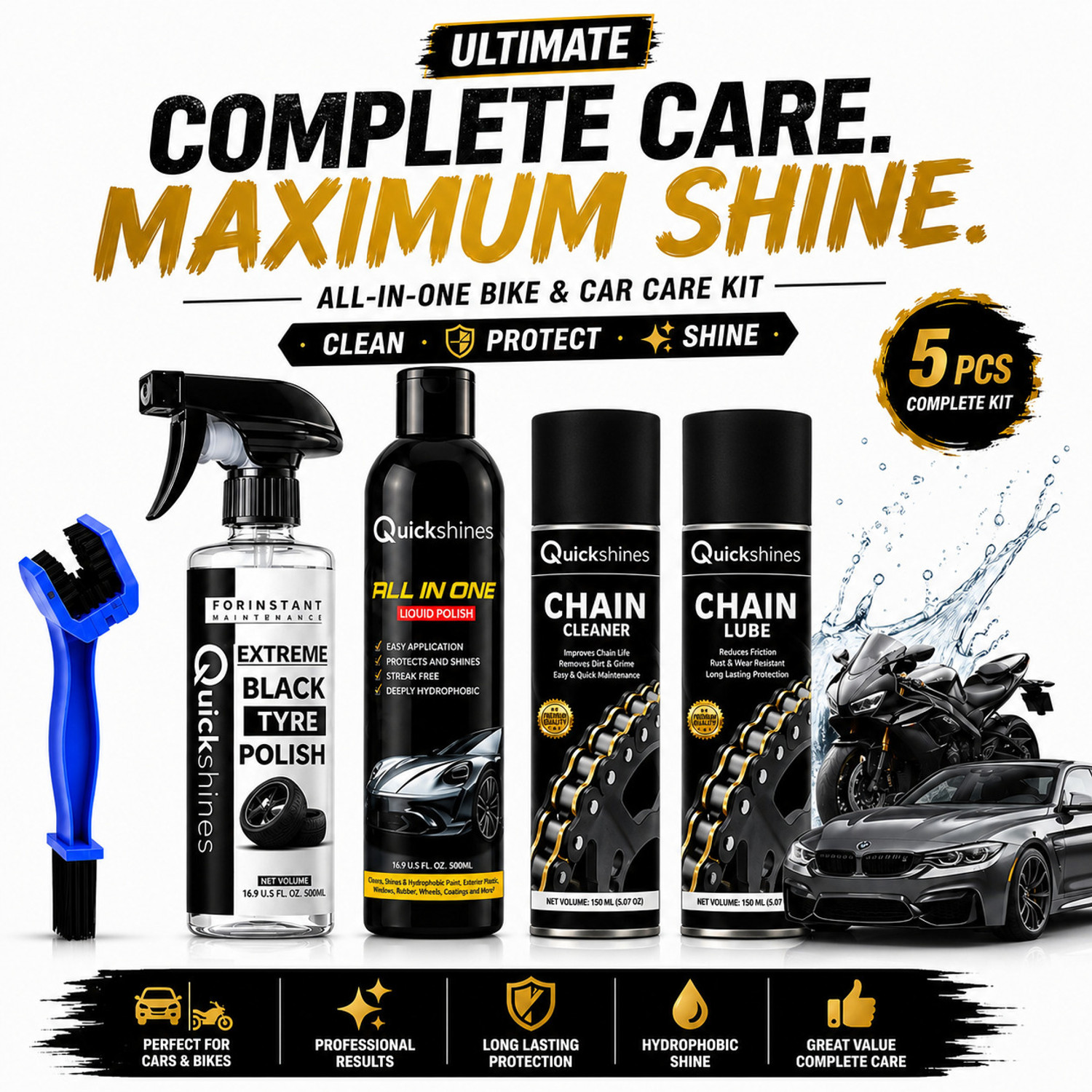Quickshines Advanced Bike Maintenance Kit Deep Clean Polish Protection Premium Motorcycle Cleaning Kit Chain Cleaner Lube Shine Protection Formula Chain Oil 1