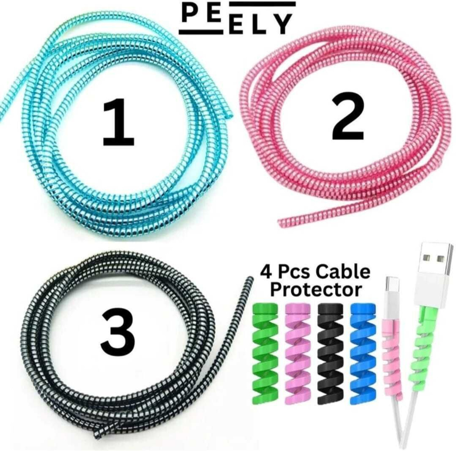 Fastiq Cable Protectors 3 Pcs Combo Pink Black Sky Blue With Free 4 Pcs Spiral Cable Protector 1