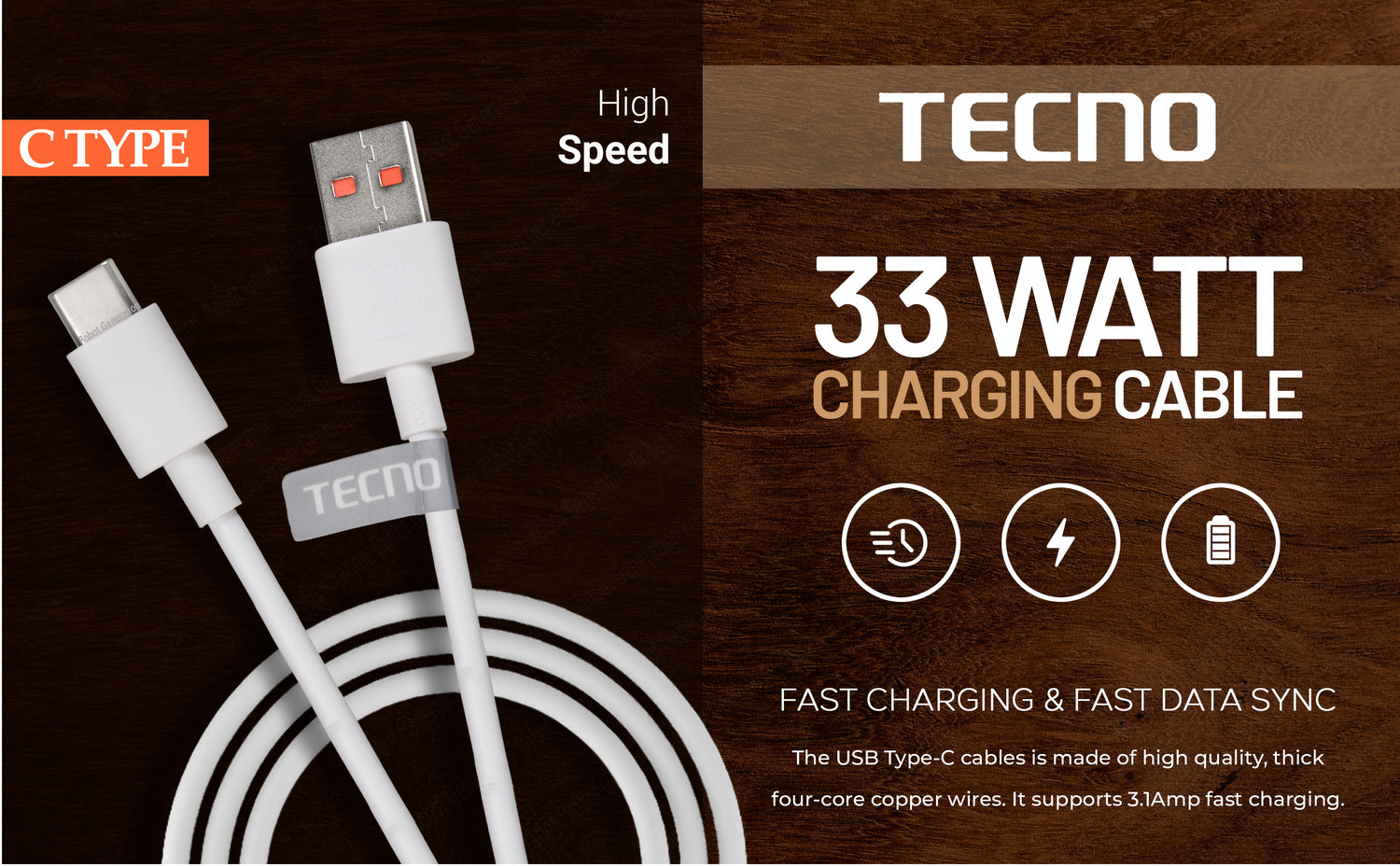 Tecno Type C 1 M 33 Watt Cable Model No. C033-C 1