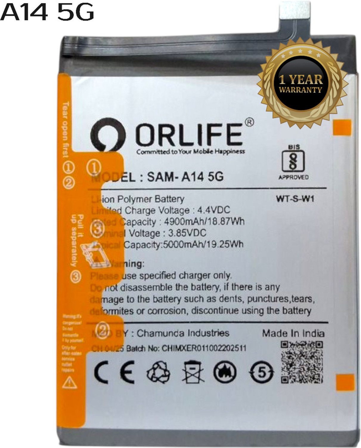 Orlife Mobile Battery For Samsung Galaxy A14-5G Eb‑Ba146Aby |A14 5G ( 1 Year Replacement Warranty ) 1