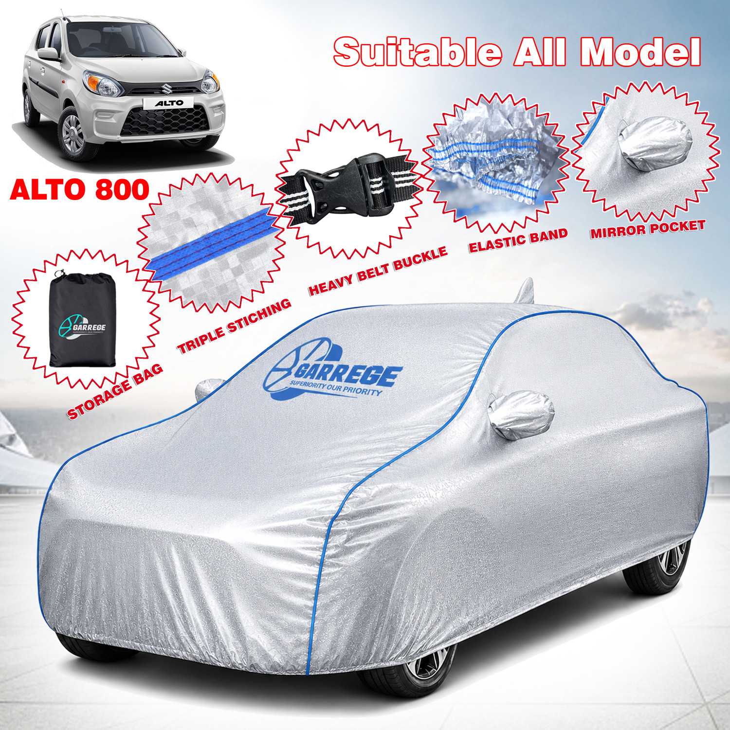 Garrege Car Cover For Maruti Alto 800 (With Mirror Pockets) 1
