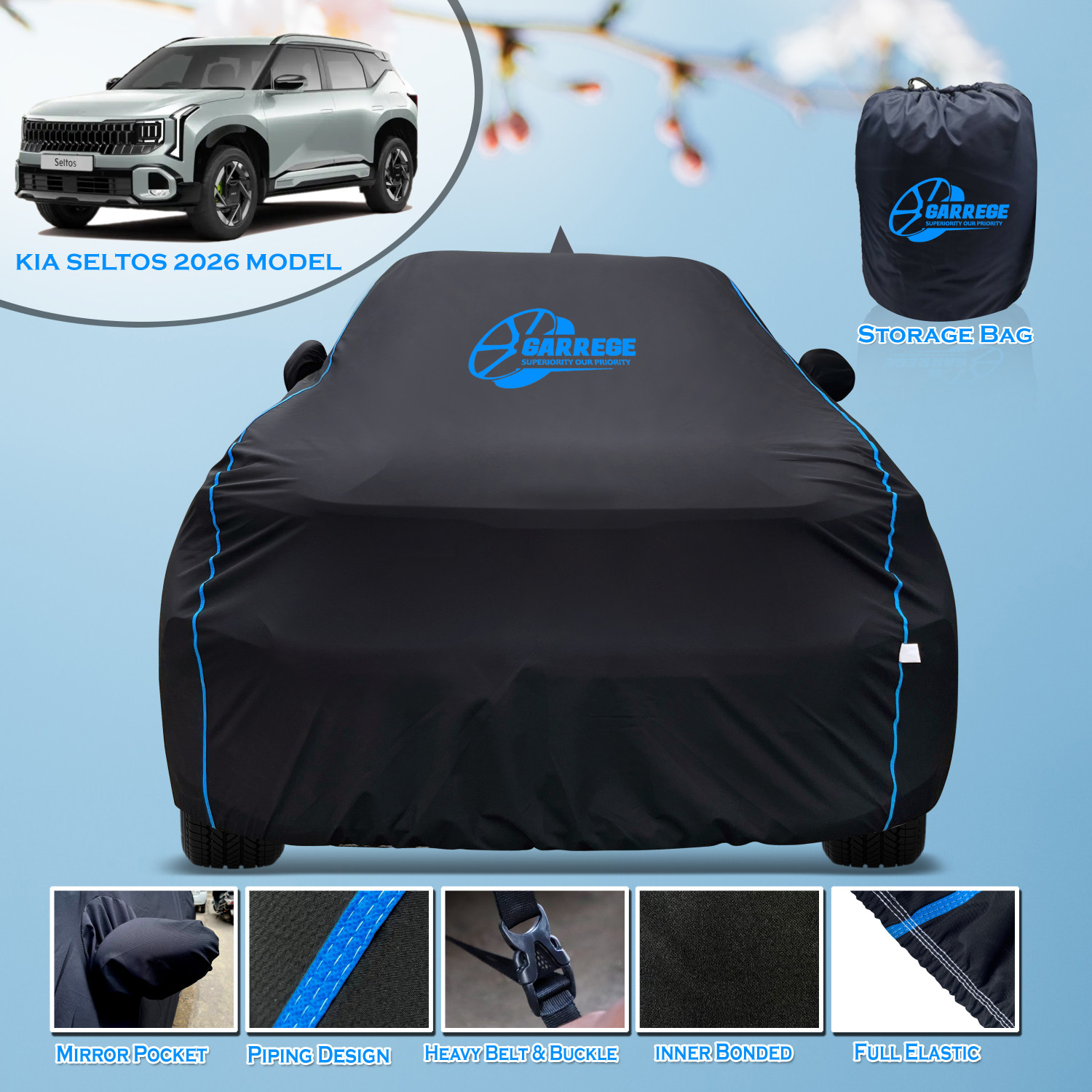 Garrege Car Cover For Kia Seltos, Seltos Gtk 1.4, Seltos Hte 1.5 (With Mirror Pockets) 1