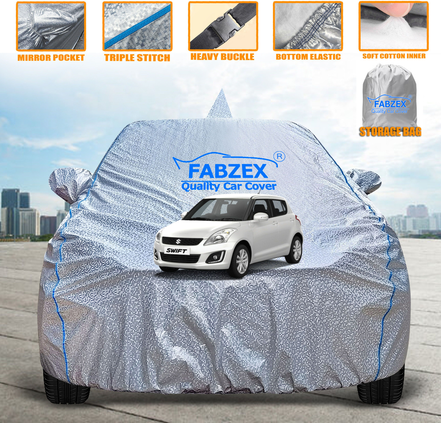 Fabzex Car Cover For Maruti Suzuki Swift, Swift Amt Vdi, Swift Dzire Amt Vdi Diesel, Swift Dzire Amt Vxi Petrol, Swift Amt Zdi Diesel, Swift Amt Zdi Plus Diesel, Swift Amt Zxi Petrol (With Mirror Pockets) 1