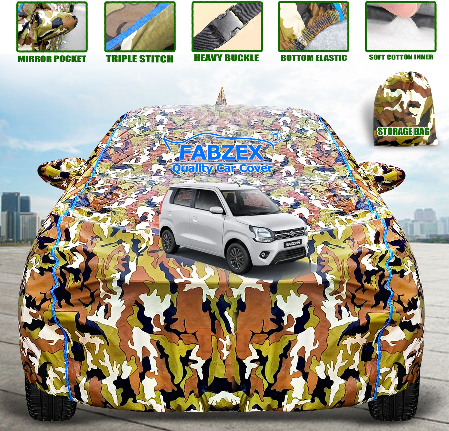 Fabzex Car Cover For Maruti Wagon R, Wagon R 1.1L 16V, Wagon R Amt Vxi, Wagon R Lxi Cng Optional, Wagon R Amt Vxi, Wagon R Lxi Cng, Wagon R Lxi Petrol, Wagon R Mpv, Wagon R Vxi 1.2 Petrol, Wagon R Vxi Petrol, Wagon R Zxi Amt 1.2 Petrol (With Mirror Pockets) 5