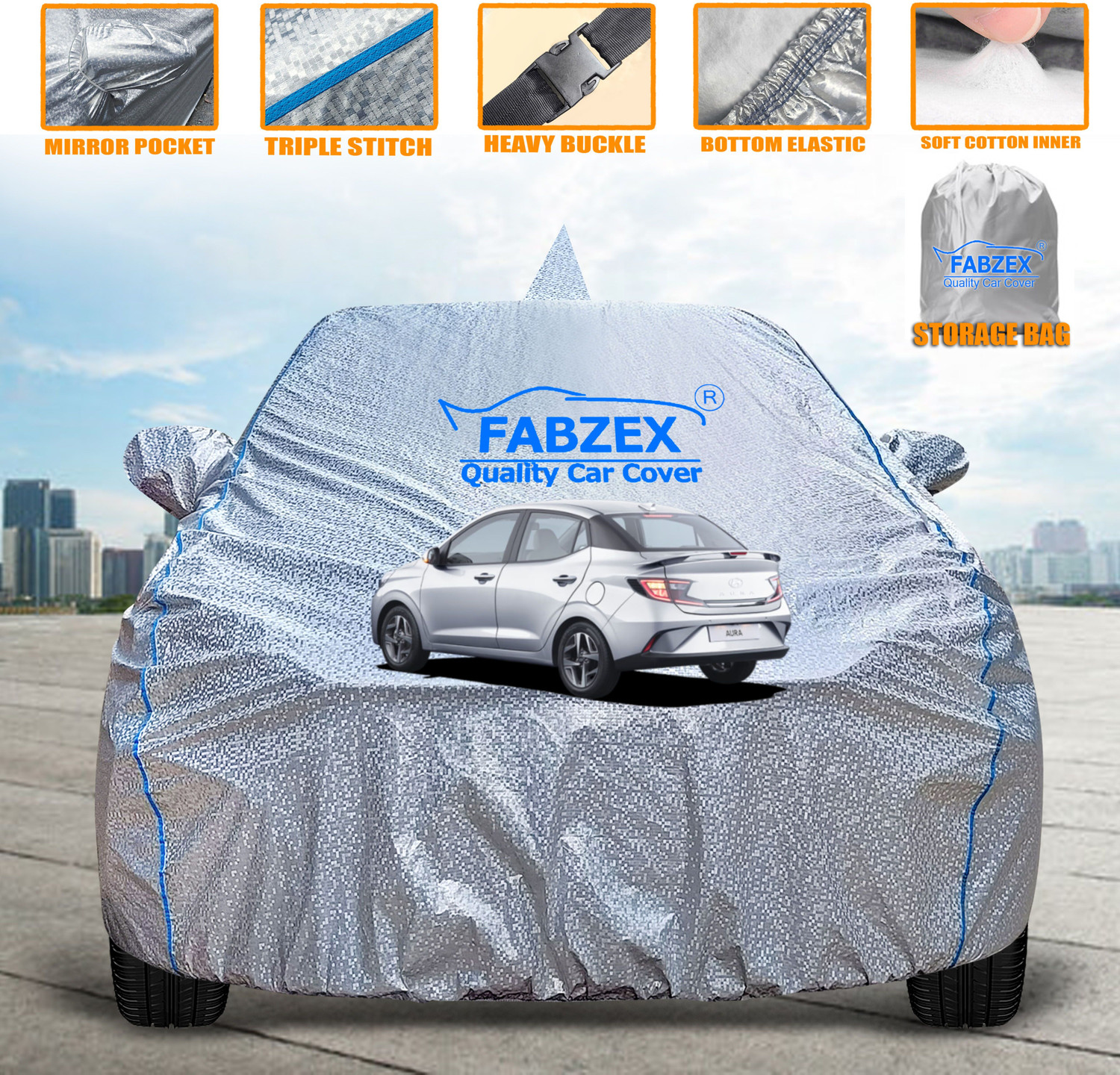 Fabzex Car Cover For Hyundai Aura, Aura E Petrol, Aura S Amt Diesel, Aura S Petrol, Aura S Amt Petrol, Aura Sx Petrol, Aura Sx Plus Turbo Petrol (With Mirror Pockets) 1