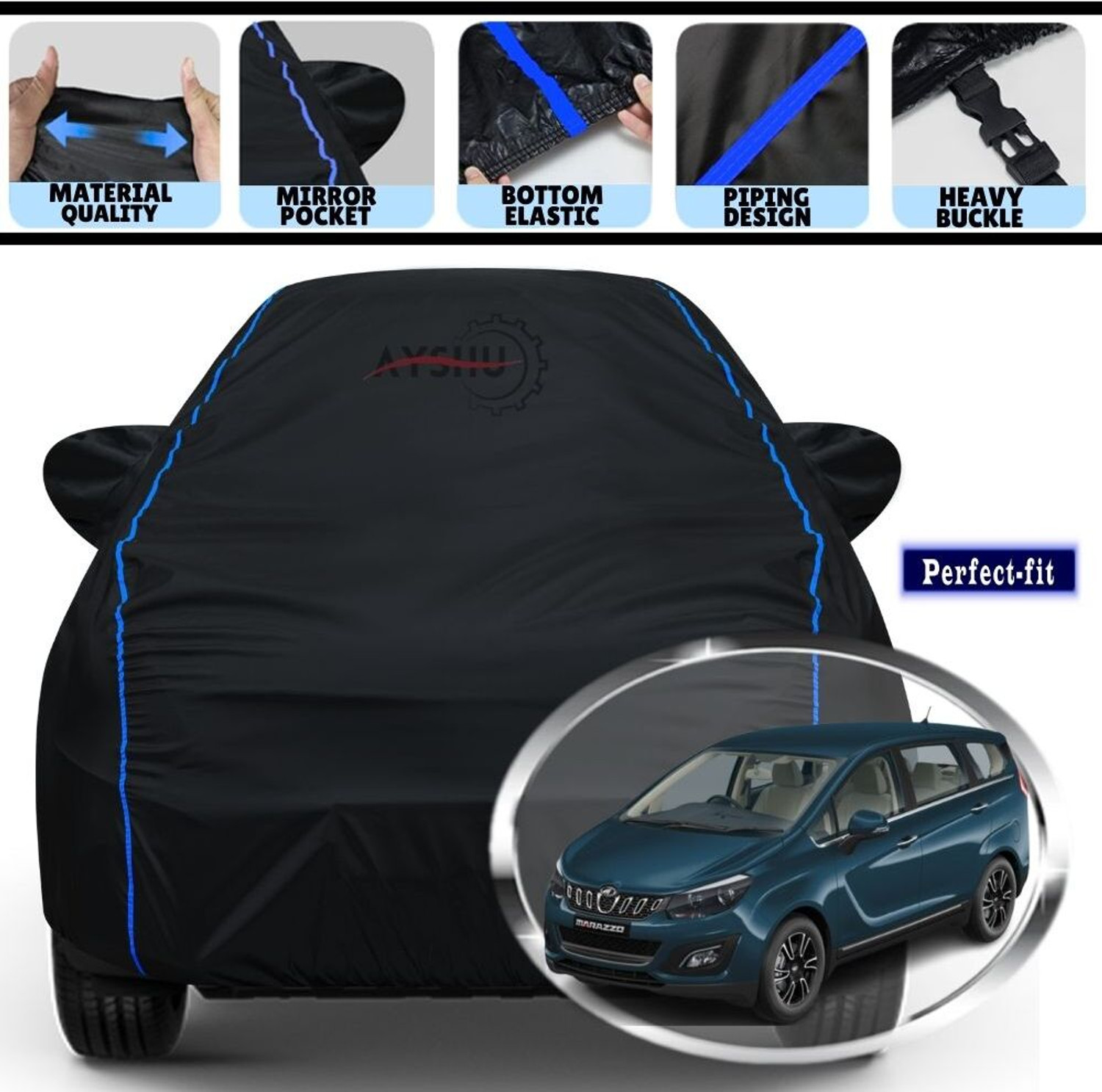 Ayshu Car Cover For Mahindra Marazzo, Marazzo M2 8Str Diesel, Marazzo M2 Diesel, Marazzo M4 8Str Diesel, Marazzo M4 Diesel, Marazzo M6 8Str Diesel, Marazzo M6 Diesel, Marazzo M8 8Str Diesel, Marazzo M8 Diesel (With Mirror Pockets) 1