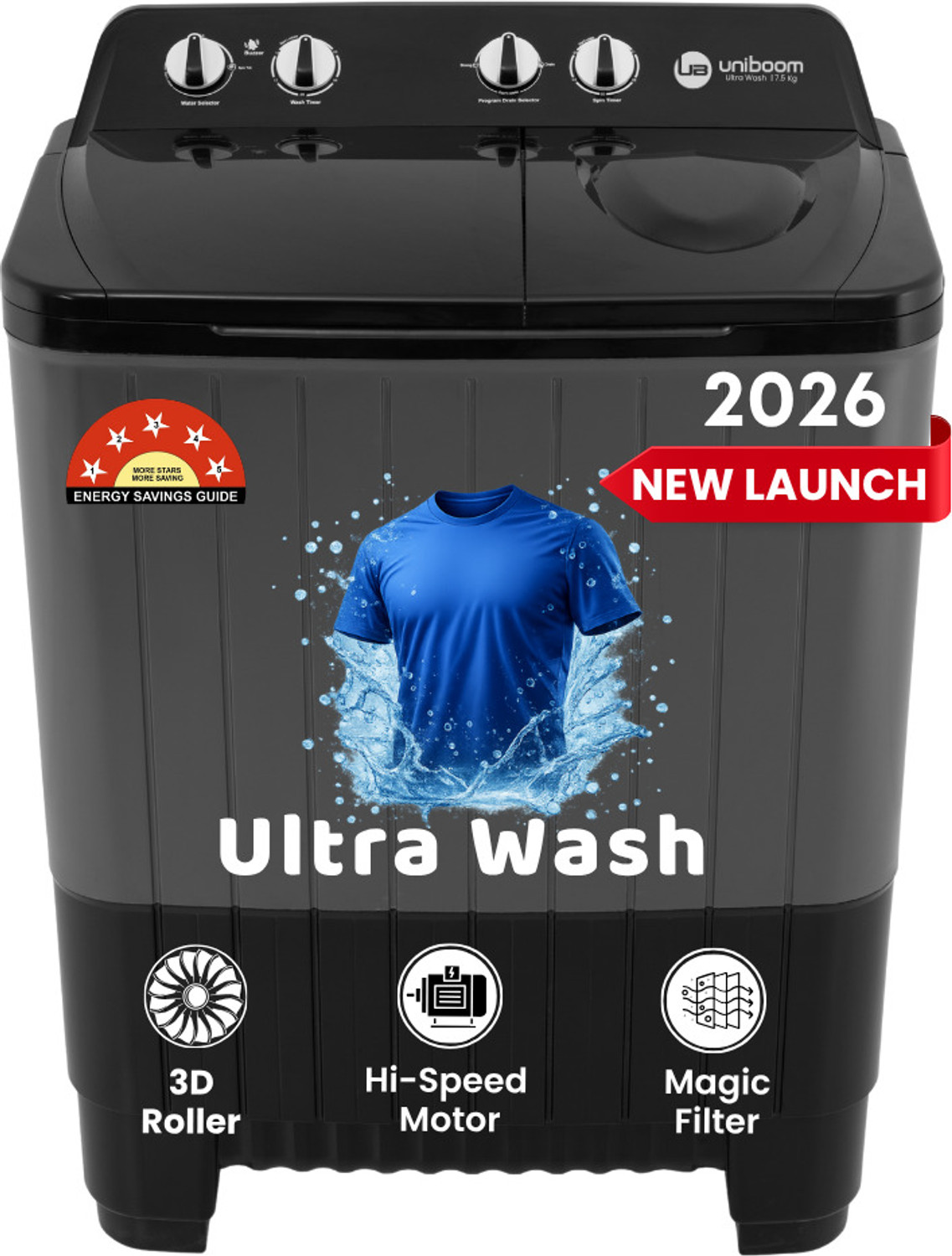 Uniboom 7.5 Kg Ultra Wash | Jet Dryer | Portable Wheels | Buzzer | Sleek Design | Magic Filter | Heavy Duty Motor Semi Automatic Top Load Washing Machine Grey, Black 3