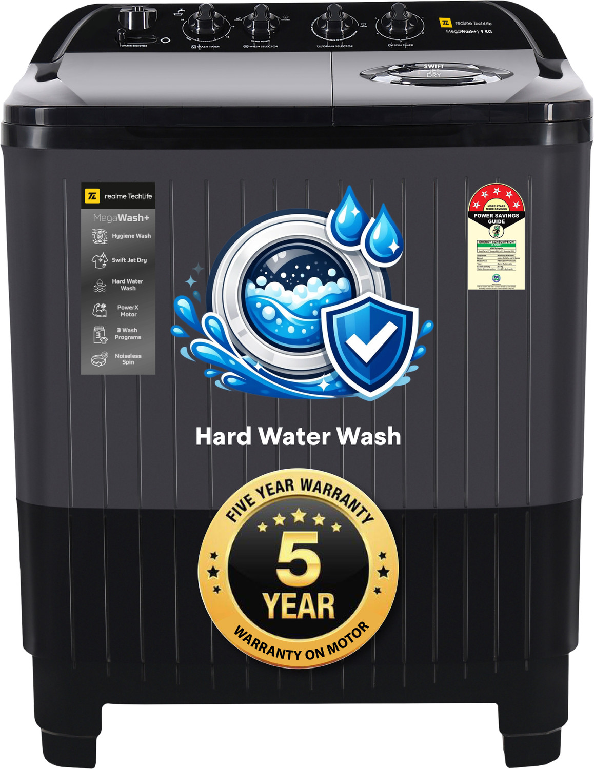 Realme Techlife 9 Kg Semi Automatic Top Load Washing Machine Black, Grey 3