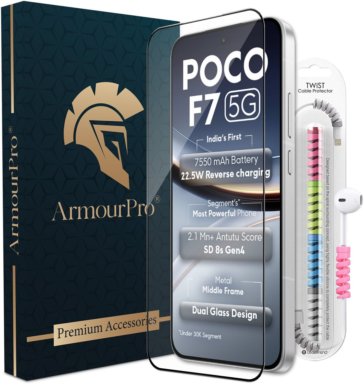 Armourpro Edge To Edge Tempered Glass For Poco F7 5G, Poco F7, Tempered Glass With Cable Protector 51